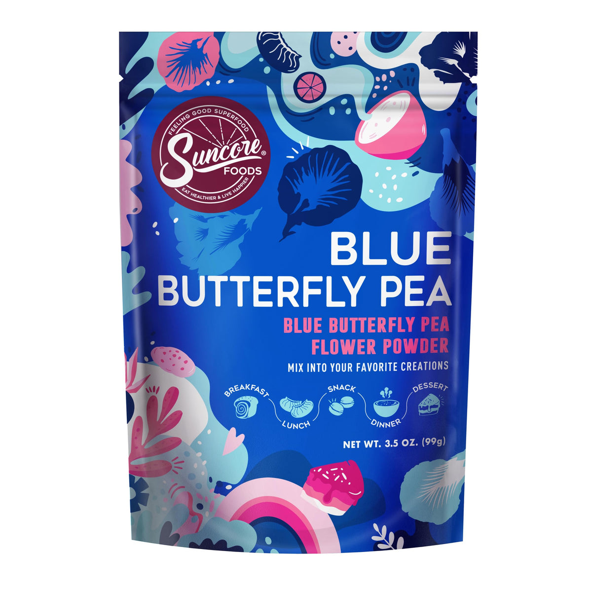 Suncore Foods Blue Butterfly Pea Powder packaging highlighting single-ingredient quality.