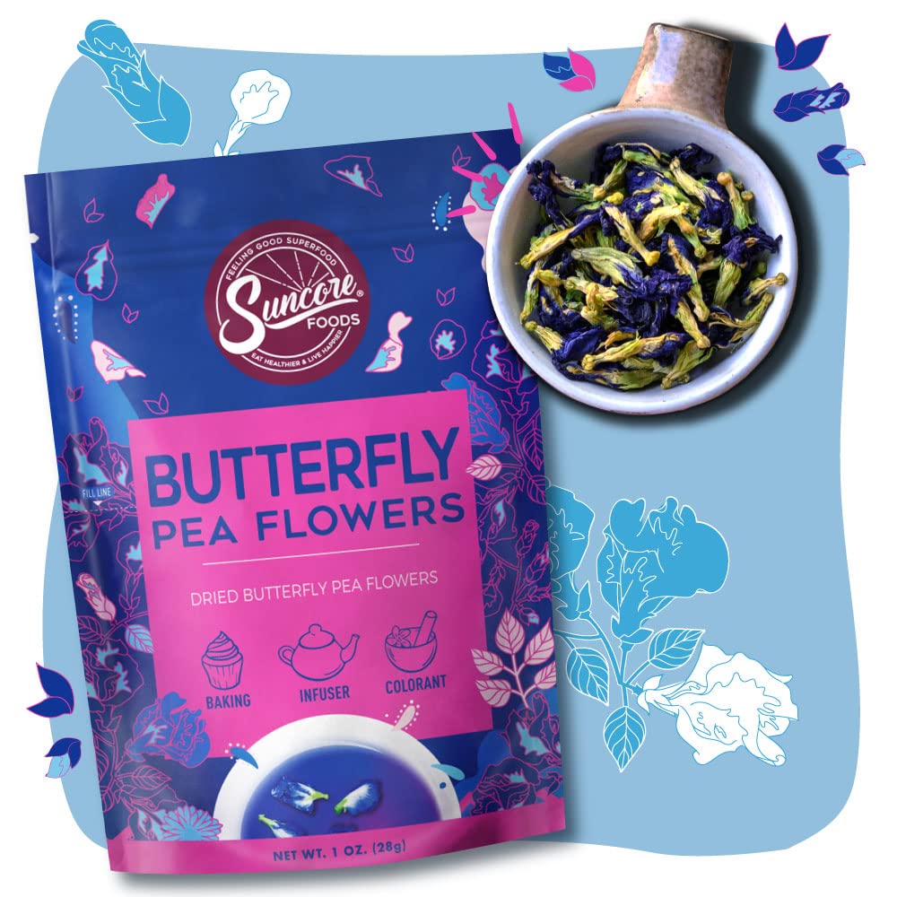 Suncore Foods butterfly pea color-change infusion with citrus in a glass.