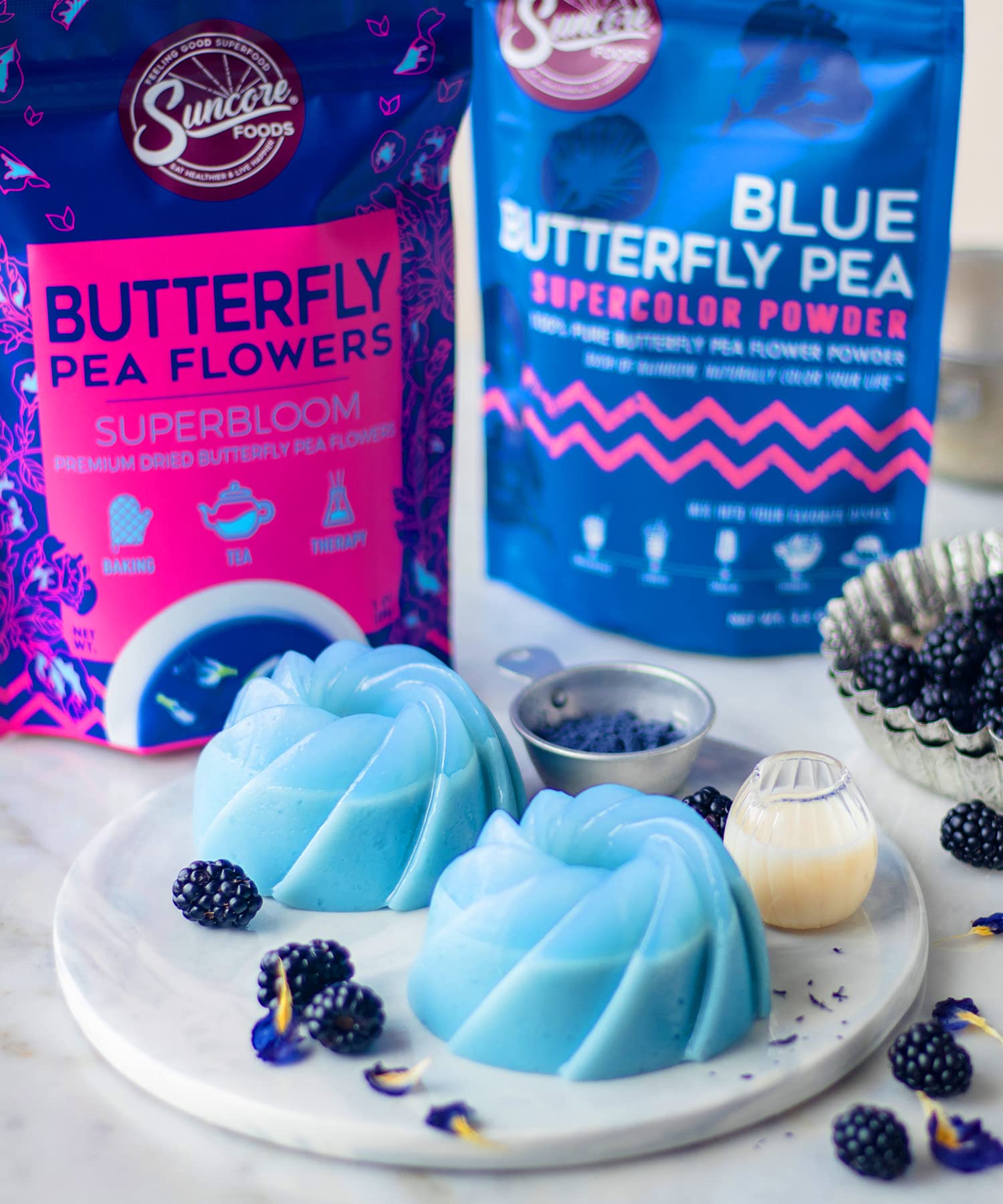 Suncore Foods butterfly pea flowers provide gluten-free color accents in recipes.