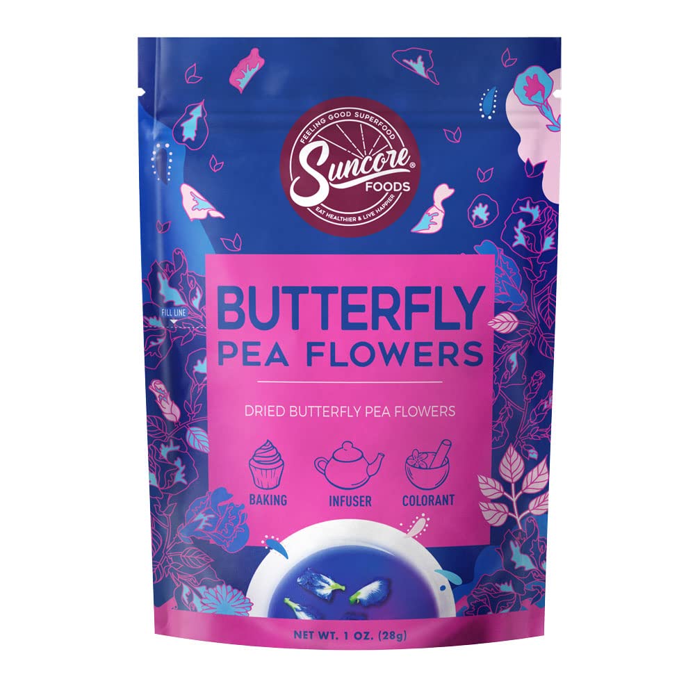 Suncore Foods butterfly pea flowers loose for vivid, caffeine-free infusions.