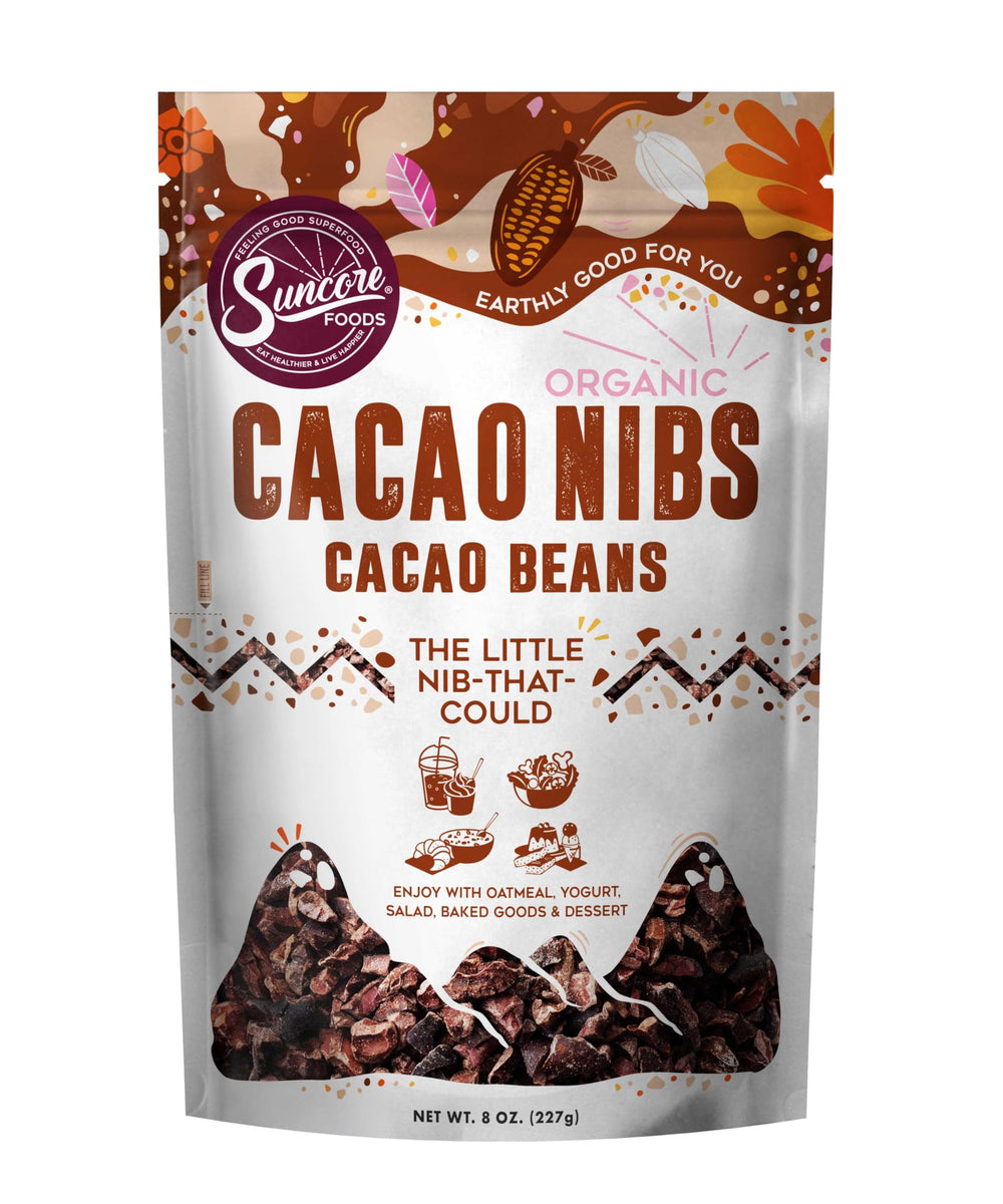 Suncore Foods Organic Cacao Nibs bag open showing nibs for topping yogurt or granola