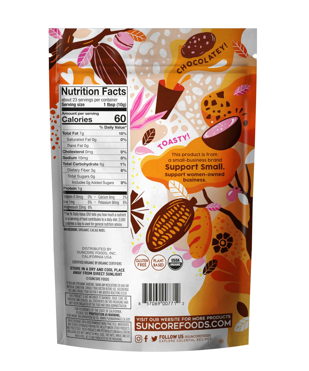 Suncore Foods Organic Cacao Nibs closeup highlighting chewy texture and rich flavor