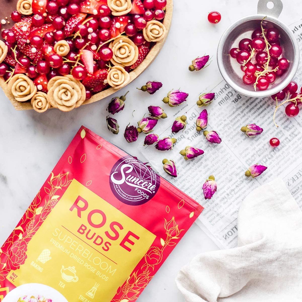 Suncore Foods rose buds bloom suitable for cold brew and chilled beverages.