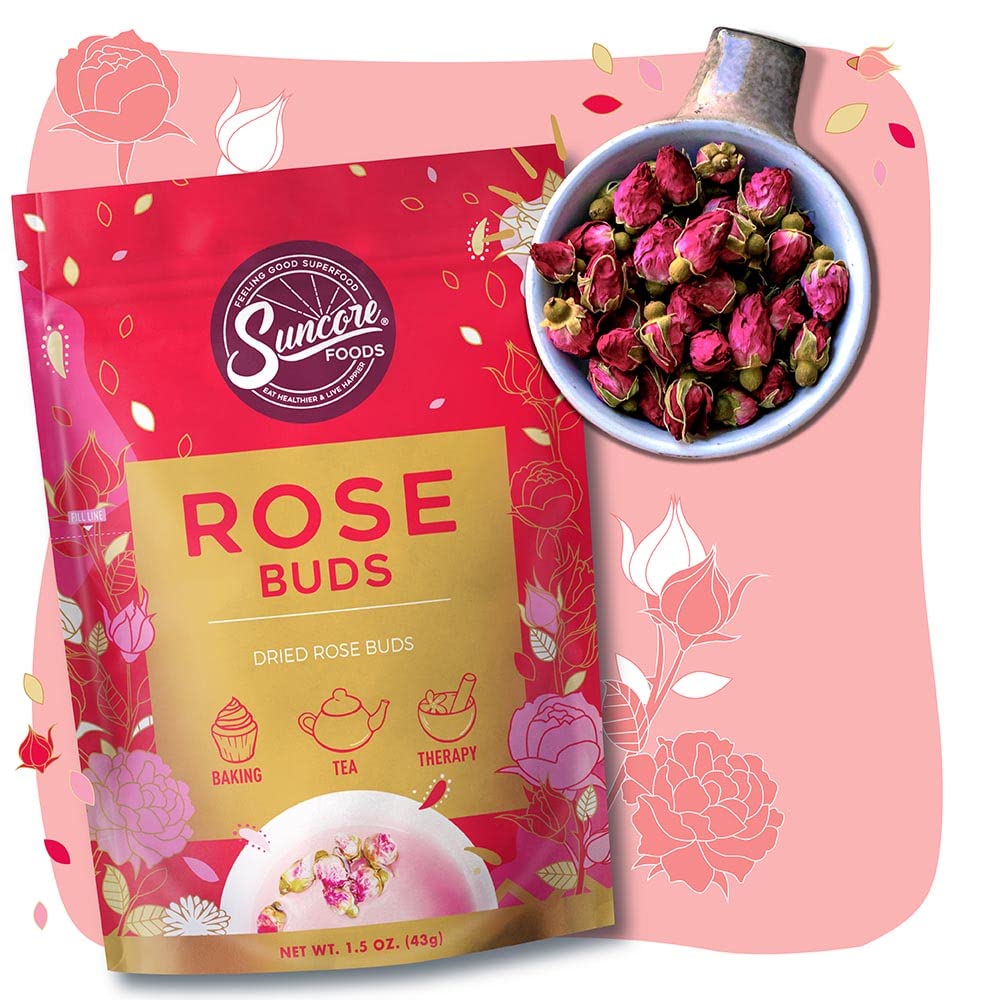 Suncore Foods rose buds bloom enhance hot tea with floral aroma.