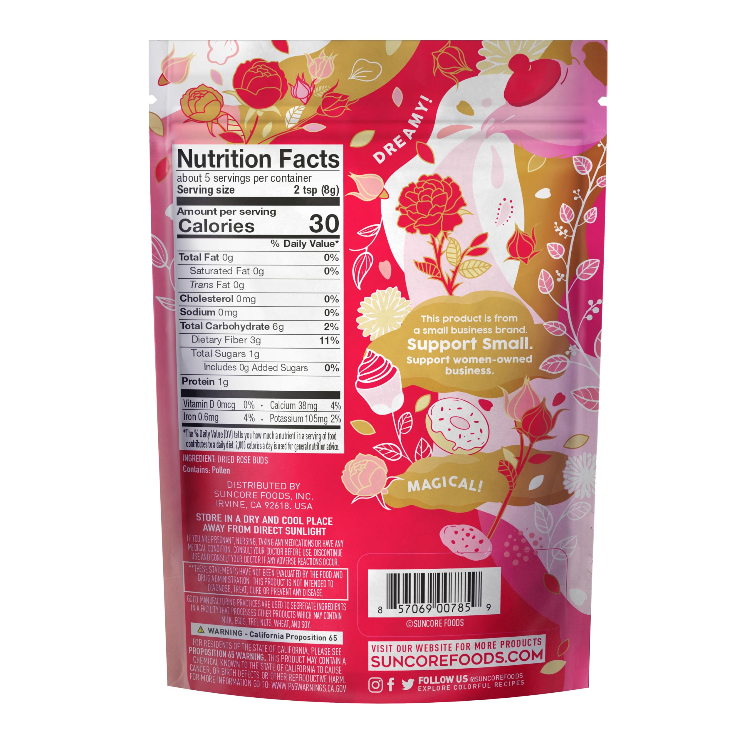 Suncore Foods rose buds bloom steep to reveal a delicate pink tea hue.