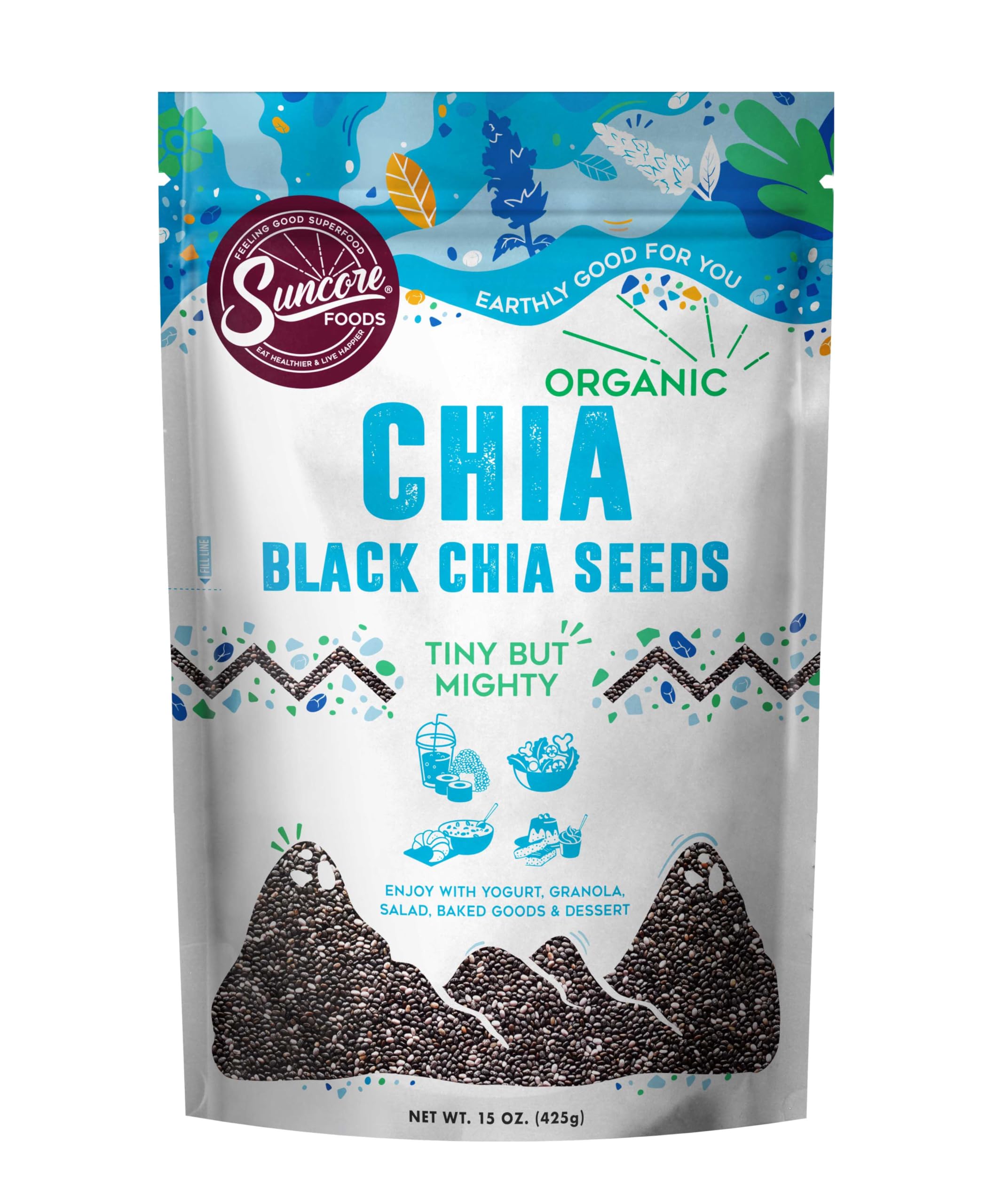 Suncore Foods Organic Black Chia Seeds front-pack image highlighting gluten-free pantry staple.