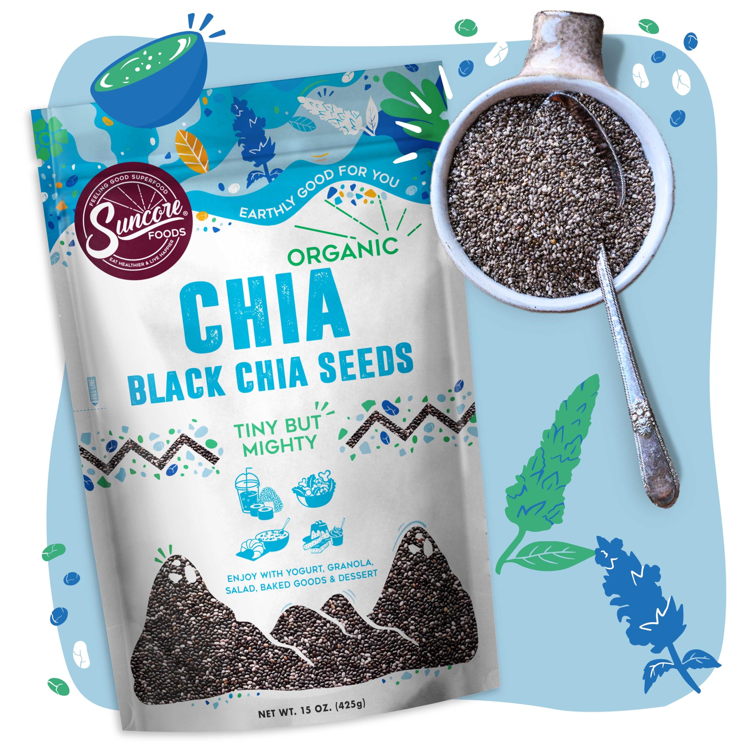 Suncore Foods Organic Black Chia Seeds resealable pouch ready for everyday use.