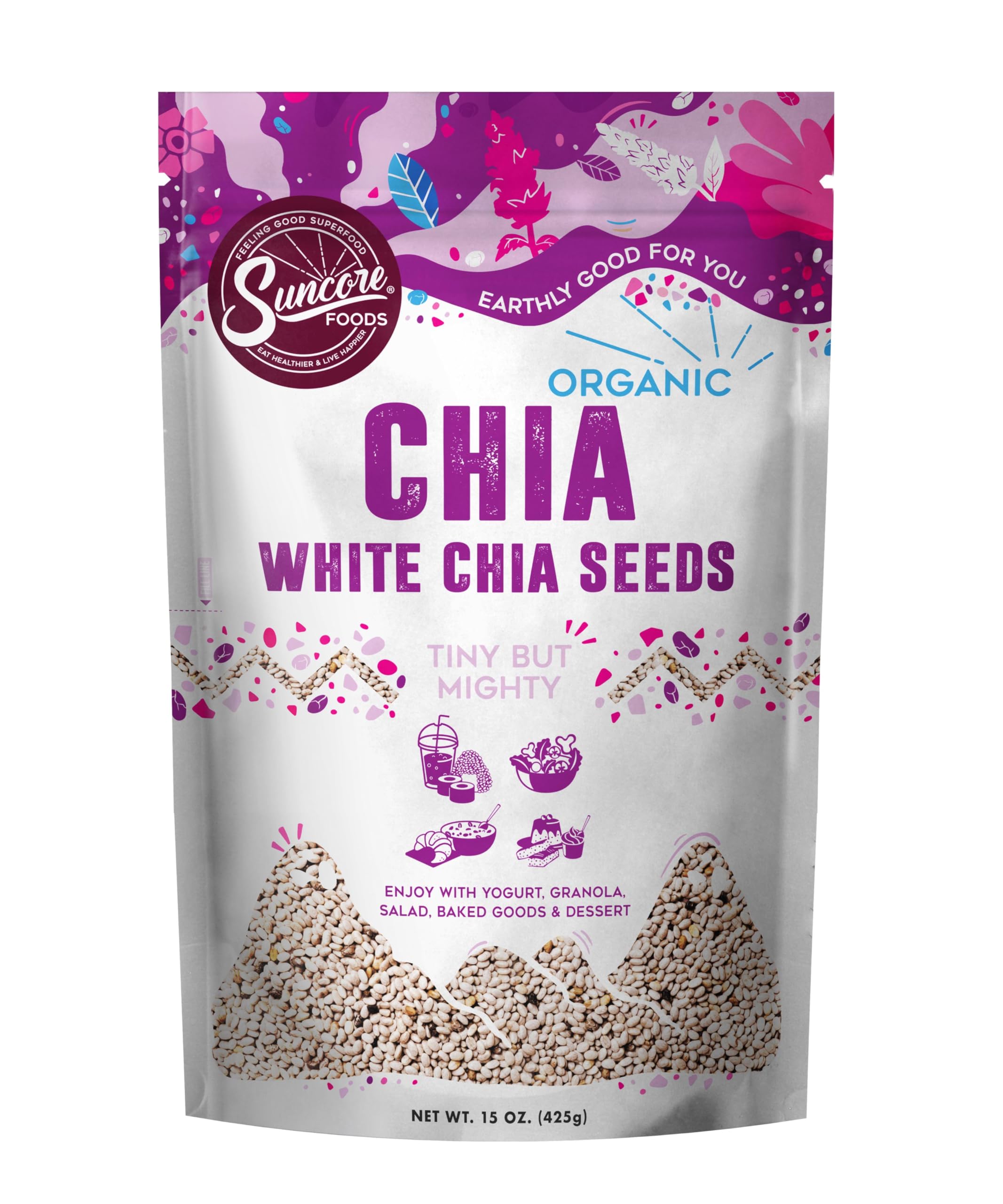 Suncore Foods Organic White Chia Seeds front-pack shot, gluten-free and non-GMO quality at a glance.