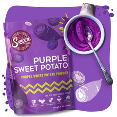 Suncore Foods purple sweet potato powder in a bowl for natural purple hues.
