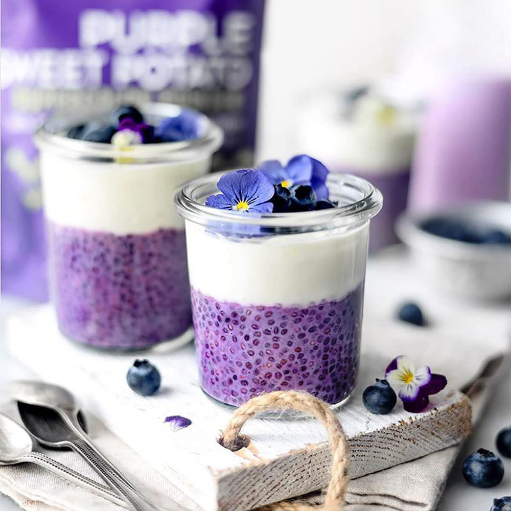 Suncore Foods purple sweet potato powder pasta dish tinted.