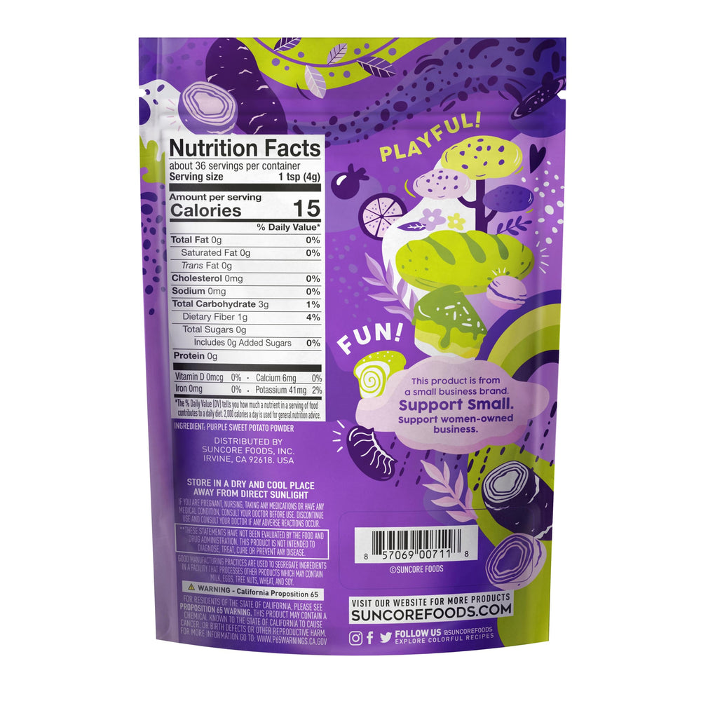 Suncore Foods purple sweet potato powder pouch preserves freshness for easy color boost.