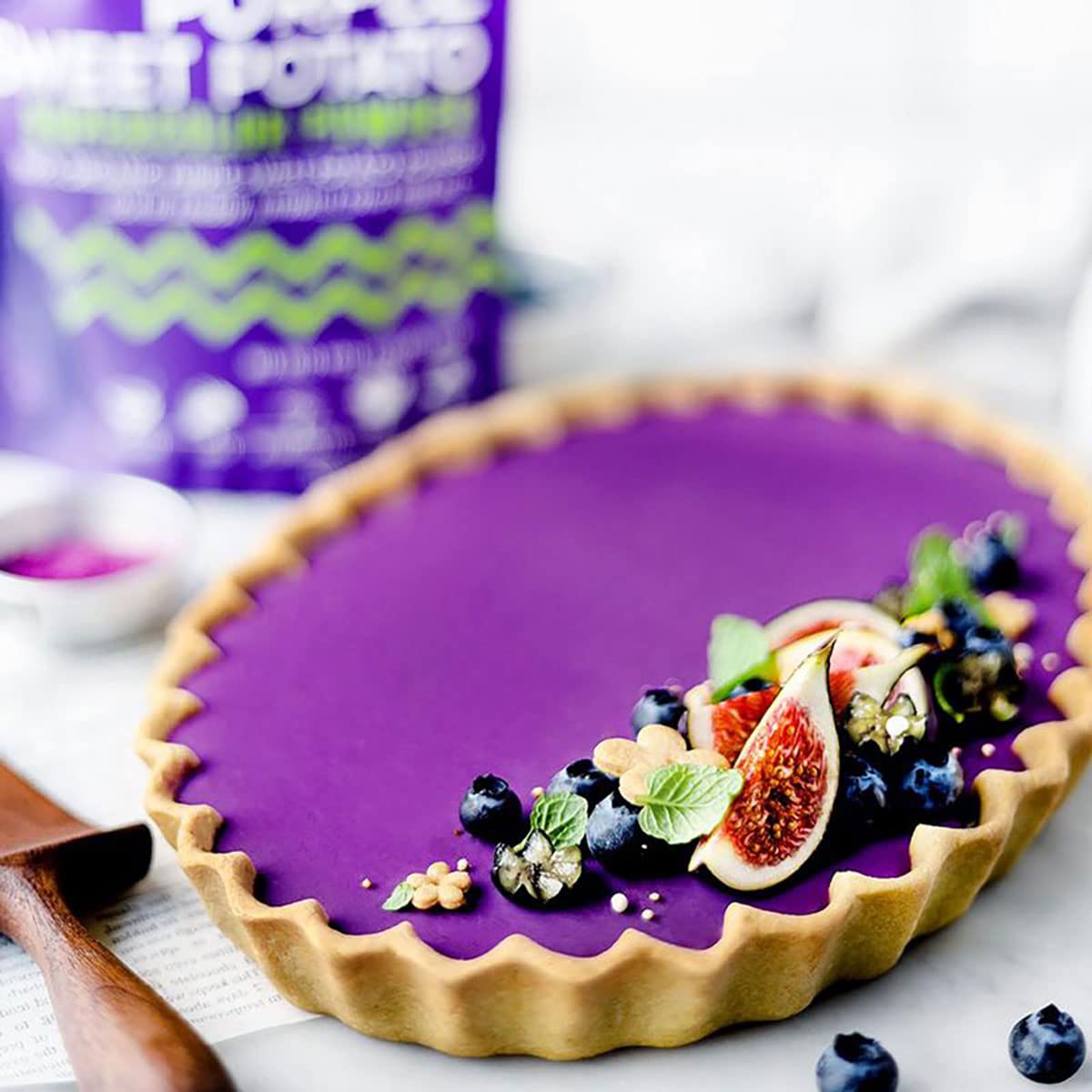 Suncore Foods purple sweet potato powder smoothie with purple hue.