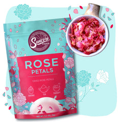 Suncore Foods Rose Petals Bloom - hot tea creates a delicate pink-hued infusion.
