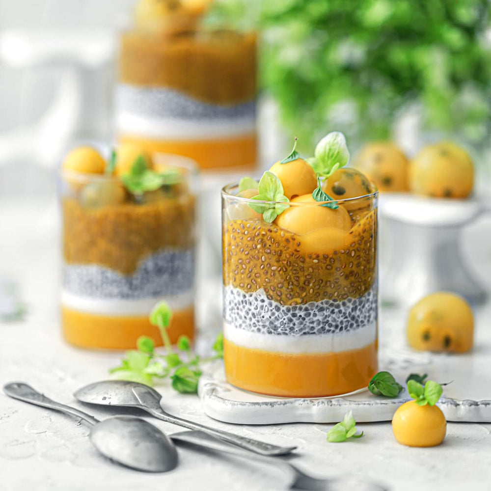 Suncore Foods organic white chia seeds used as a dessert sprinkle for fiber-friendly treats.