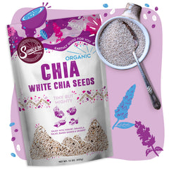 Suncore Foods white chia seeds resealable pouch, convenient storage for daily use.