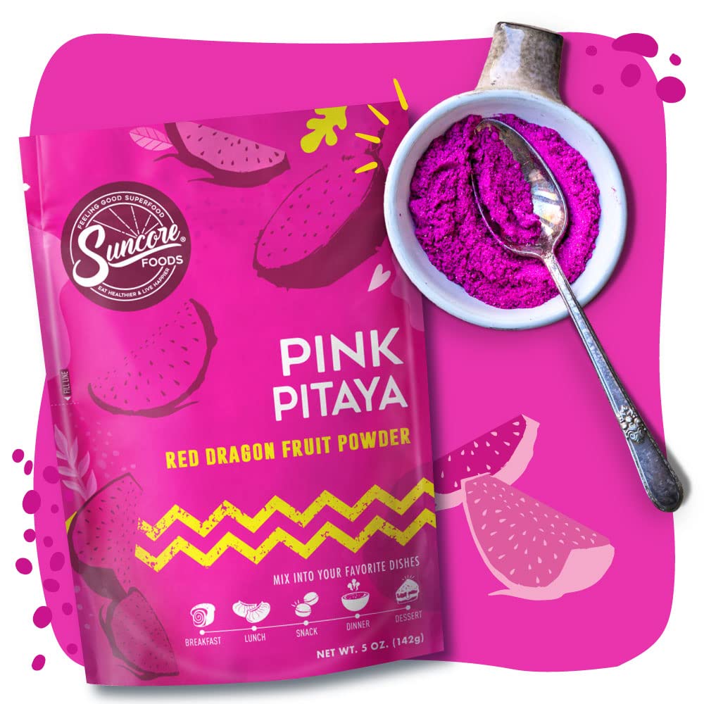 Suncore Foods Pink Pitaya Powder scoop demonstrates easy measuring for quick color boosts