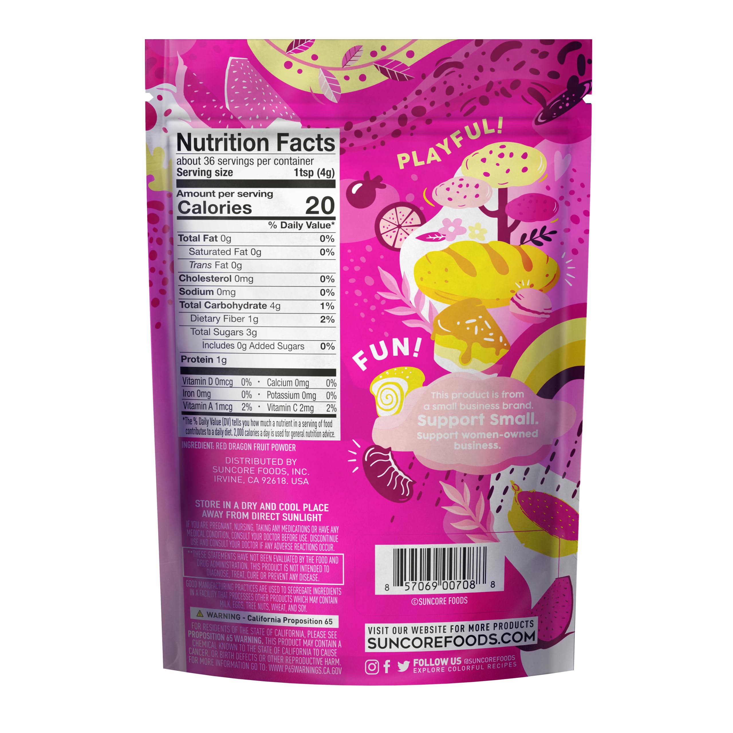 Suncore Foods Pink Pitaya Powder tub closeup highlights smooth texture for uniform coloring
