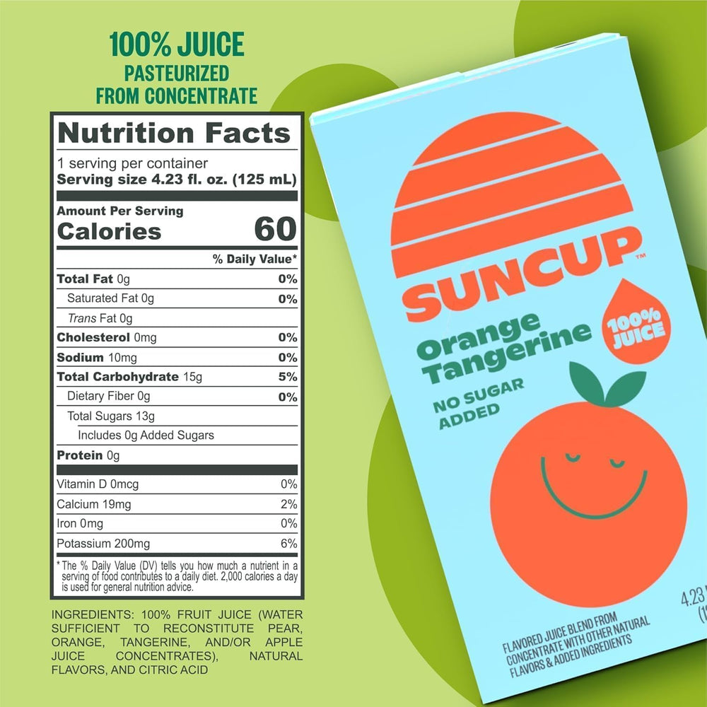 SunCup 100% real fruit juice without added sugar or dyes for busy mornings.