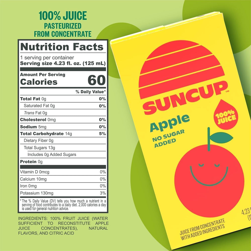SunCup 40-pack apple juice boxes stacked for bulk school orders