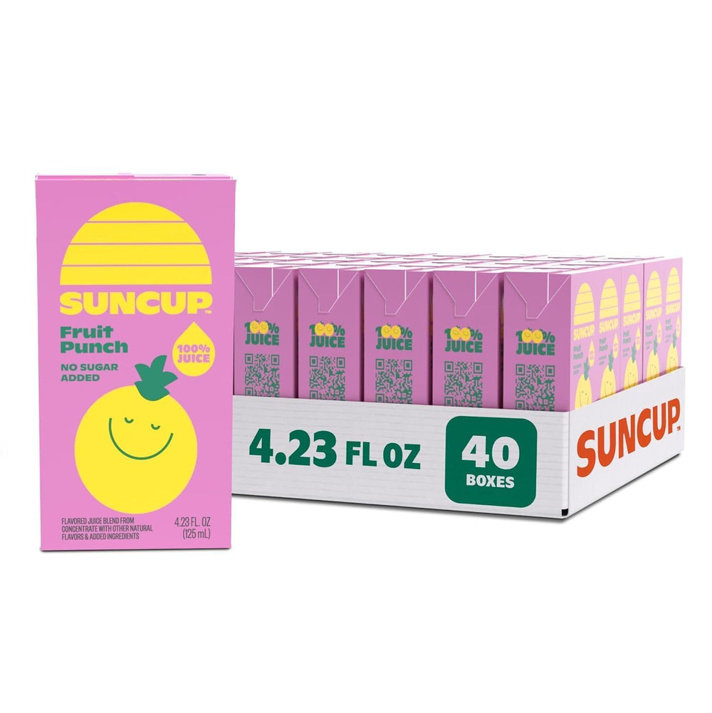 Suncup fruit punch juice box with straw attached for easy school lunches.