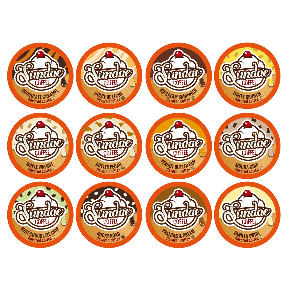 Sundae Ice Cream flavor pods shown for hot or iced coffee rituals.