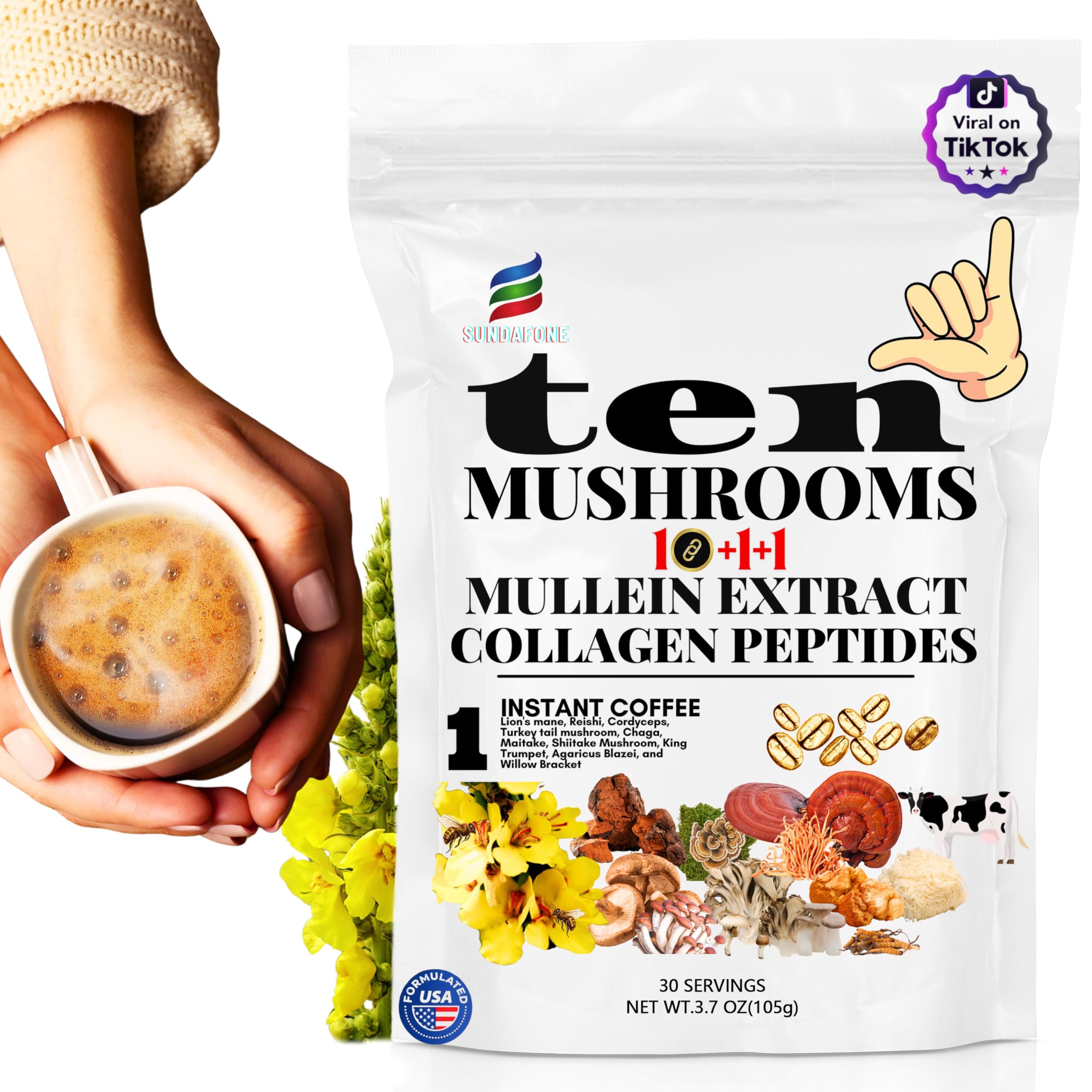 SUNDAFONE Mushroom Coffee jar front with collagen for smooth daily energy