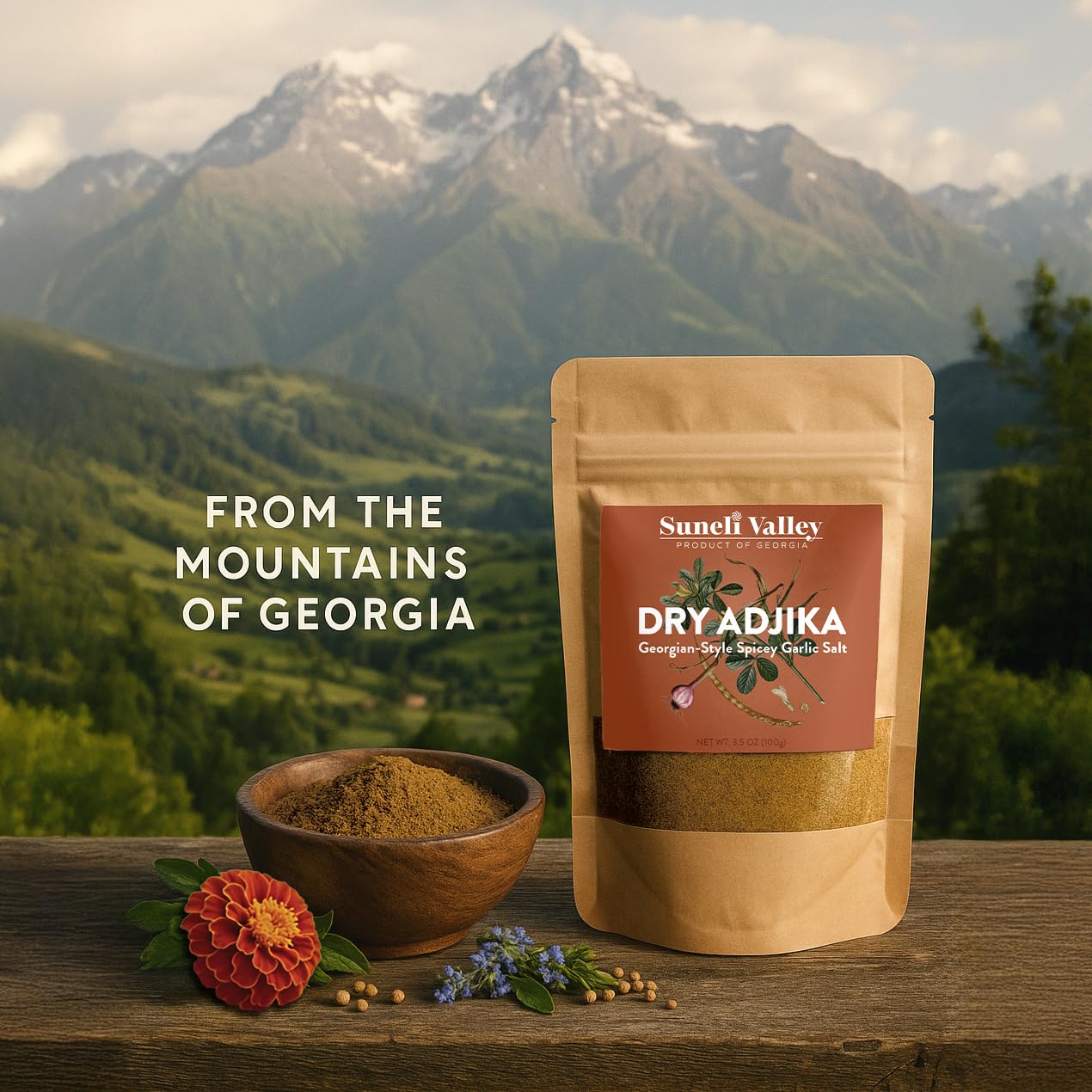 Suneli Valley Adjika powder enhances kharcho-style soup with depth.