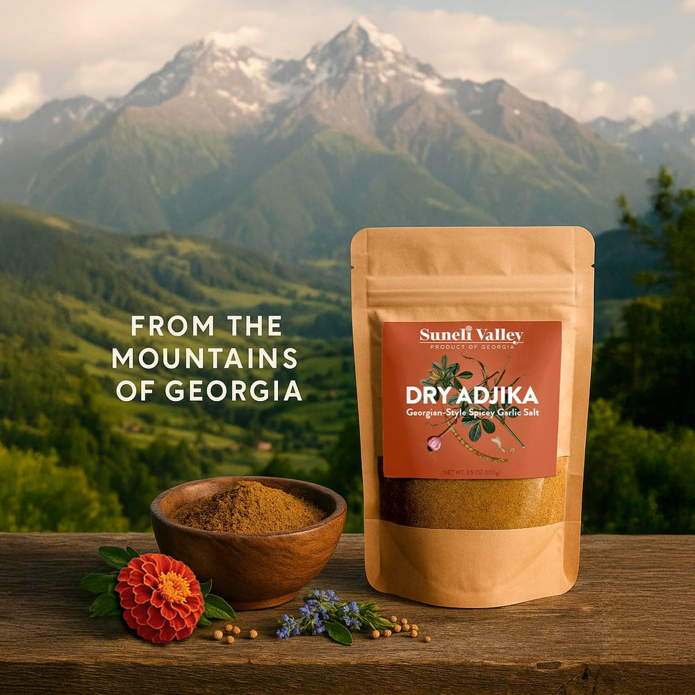 Suneli Valley Adjika powder enhances kharcho-style soup with depth.