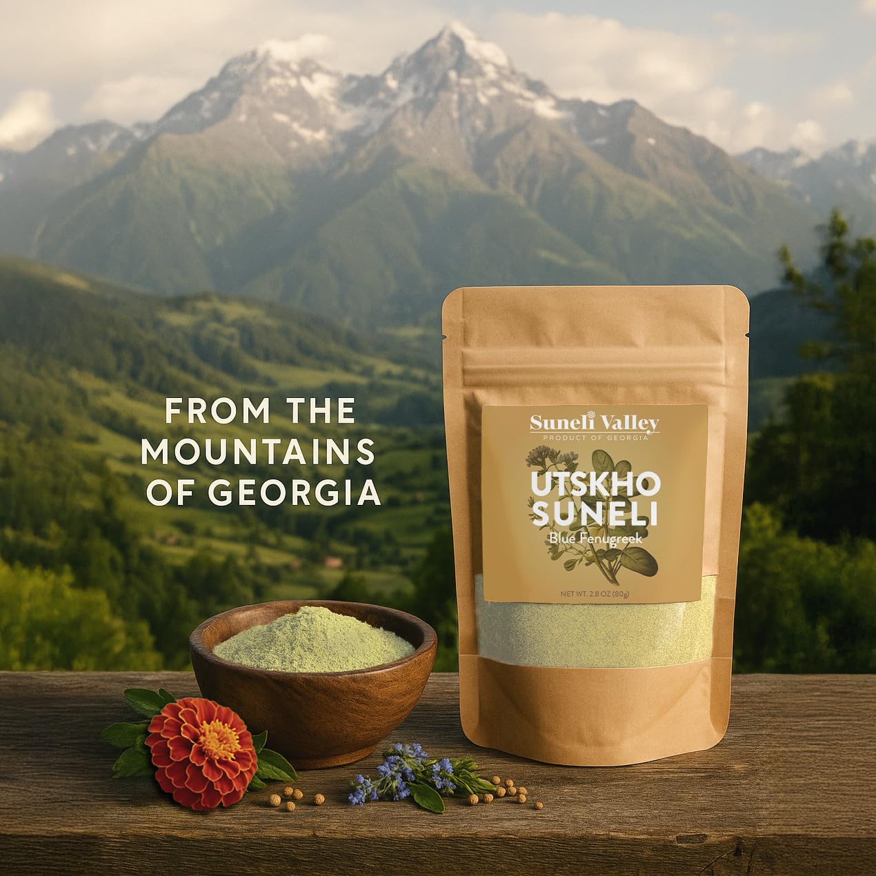 Suneli Valley Utskho Suneli granules close-up; showcases versatile seasoning for soups
