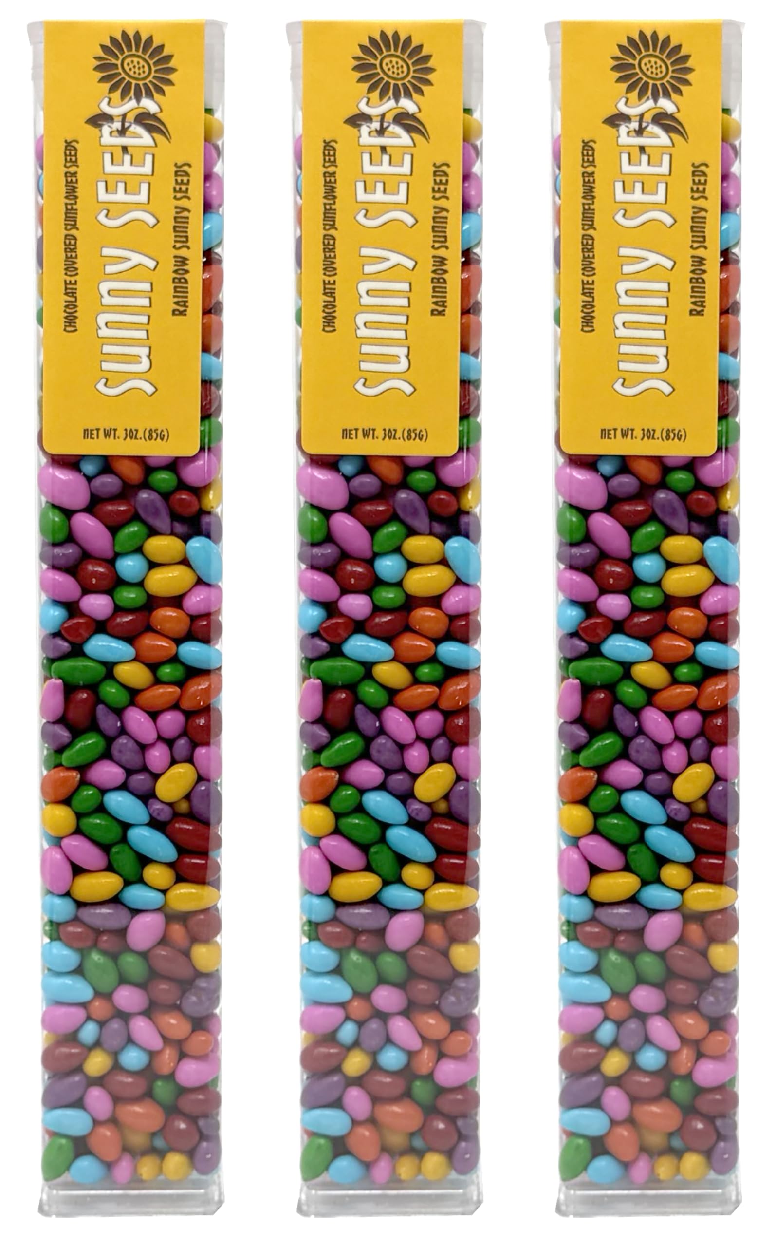 Sunflower Food Company chocolate coated rainbow seeds in a tube, a colorful crunchy snack.