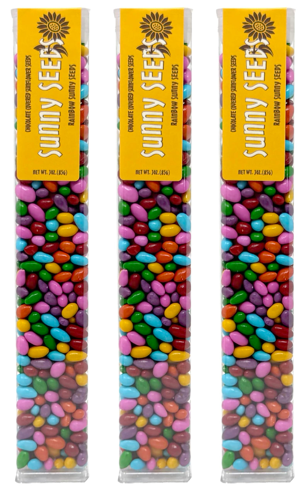Sunflower Food Company chocolate coated rainbow seeds in a tube, a colorful crunchy snack.