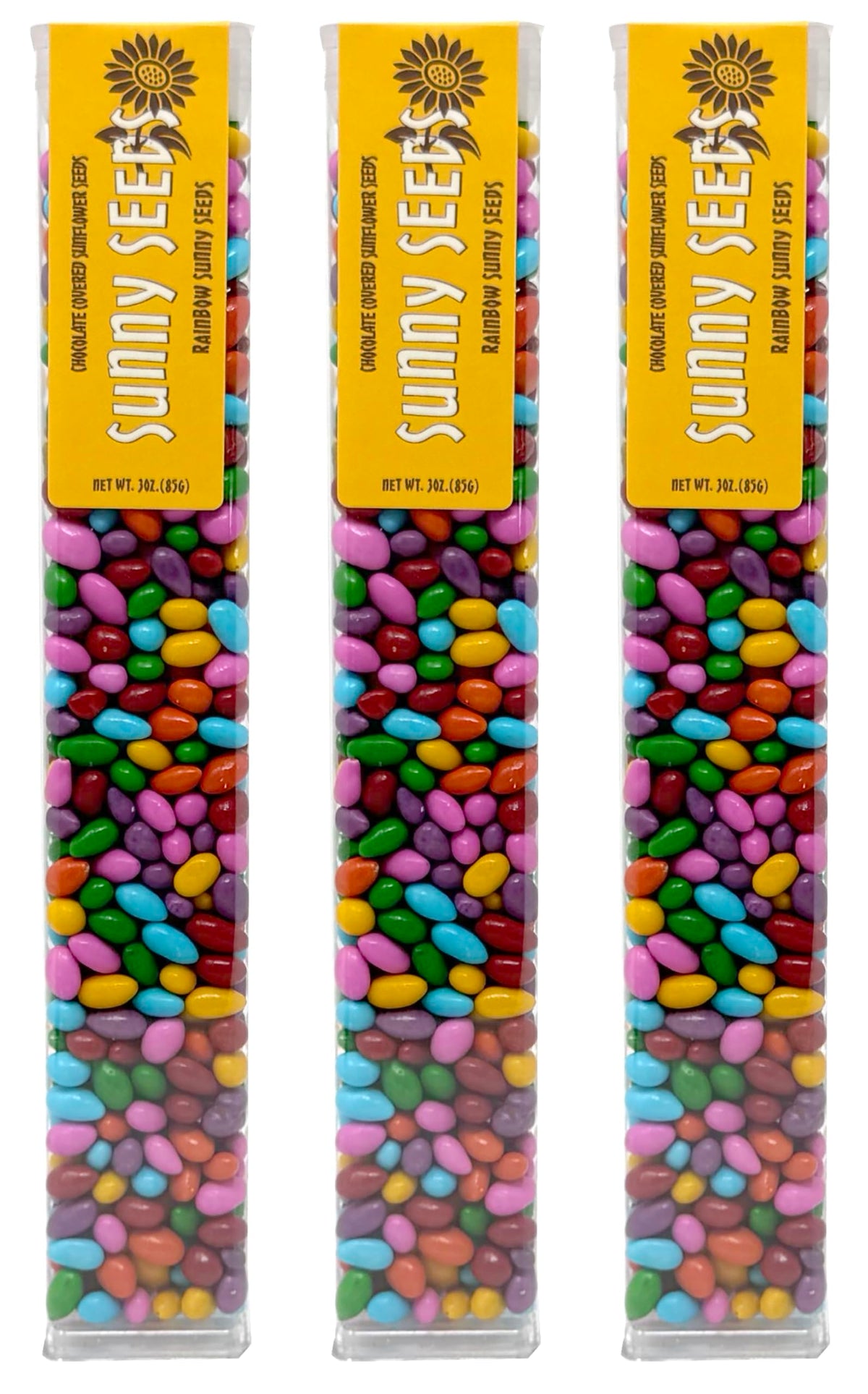 Sunflower Food Company chocolate coated rainbow seeds in a tube, a colorful crunchy snack.