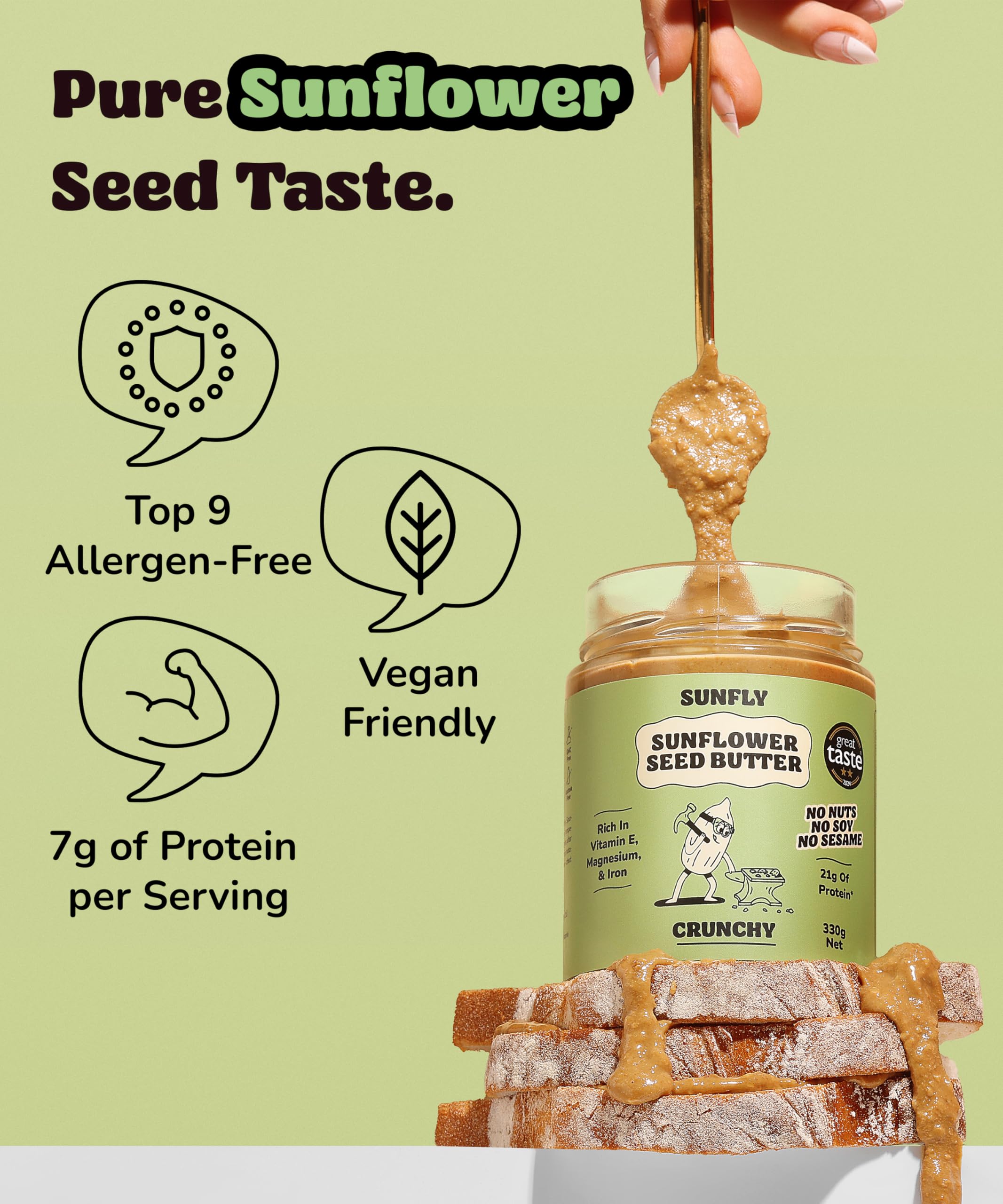Sunfly Sunflower Butter on toast, nut-free protein spread.