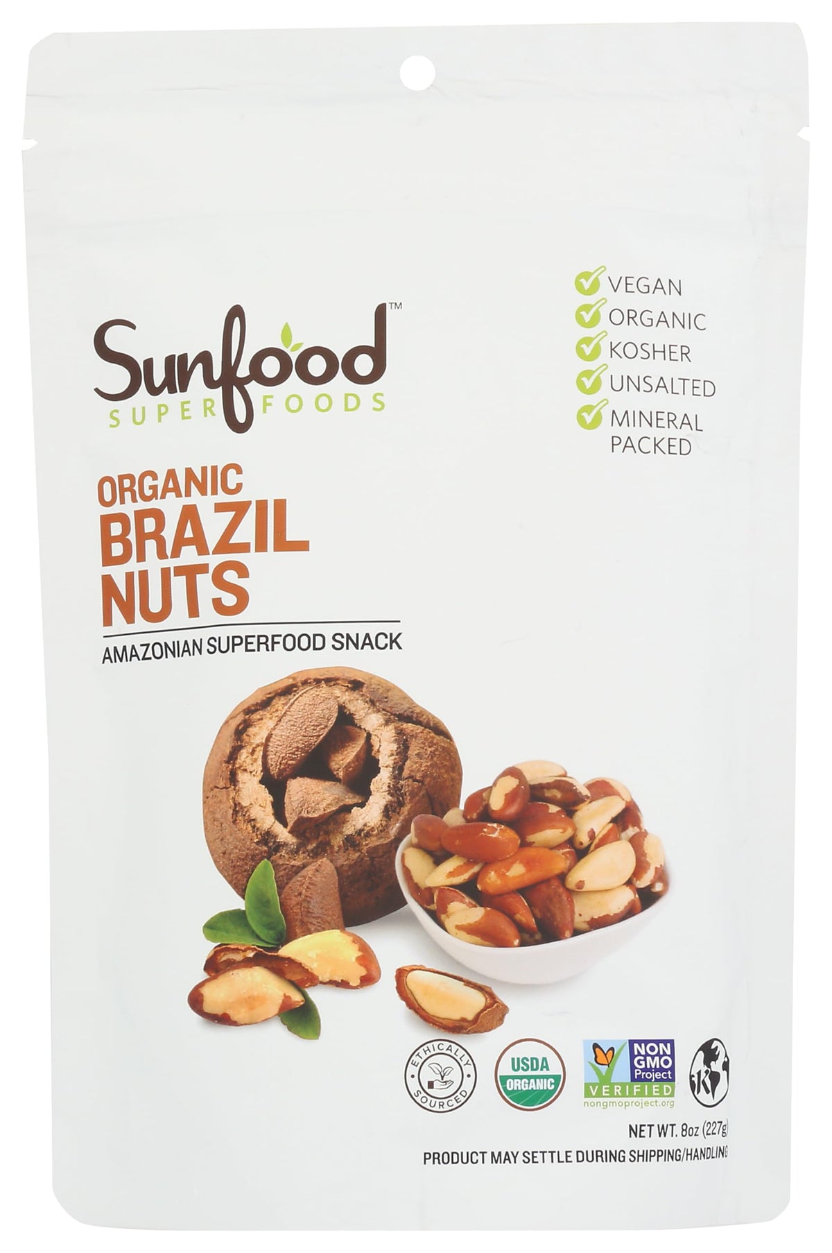 Sunfood Brazil nuts in an 8 oz bag, organic and unsalted for snacking.