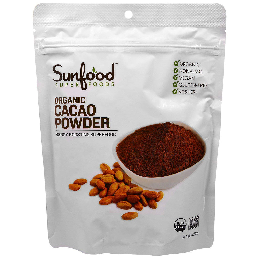 Sunfood Organic Cacao Powder bag for baking and beverages with rich unsweetened chocolate flavor
