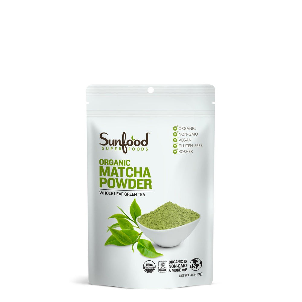 Sunfood Matcha powder tin displaying vibrant emerald color and earthy aroma.