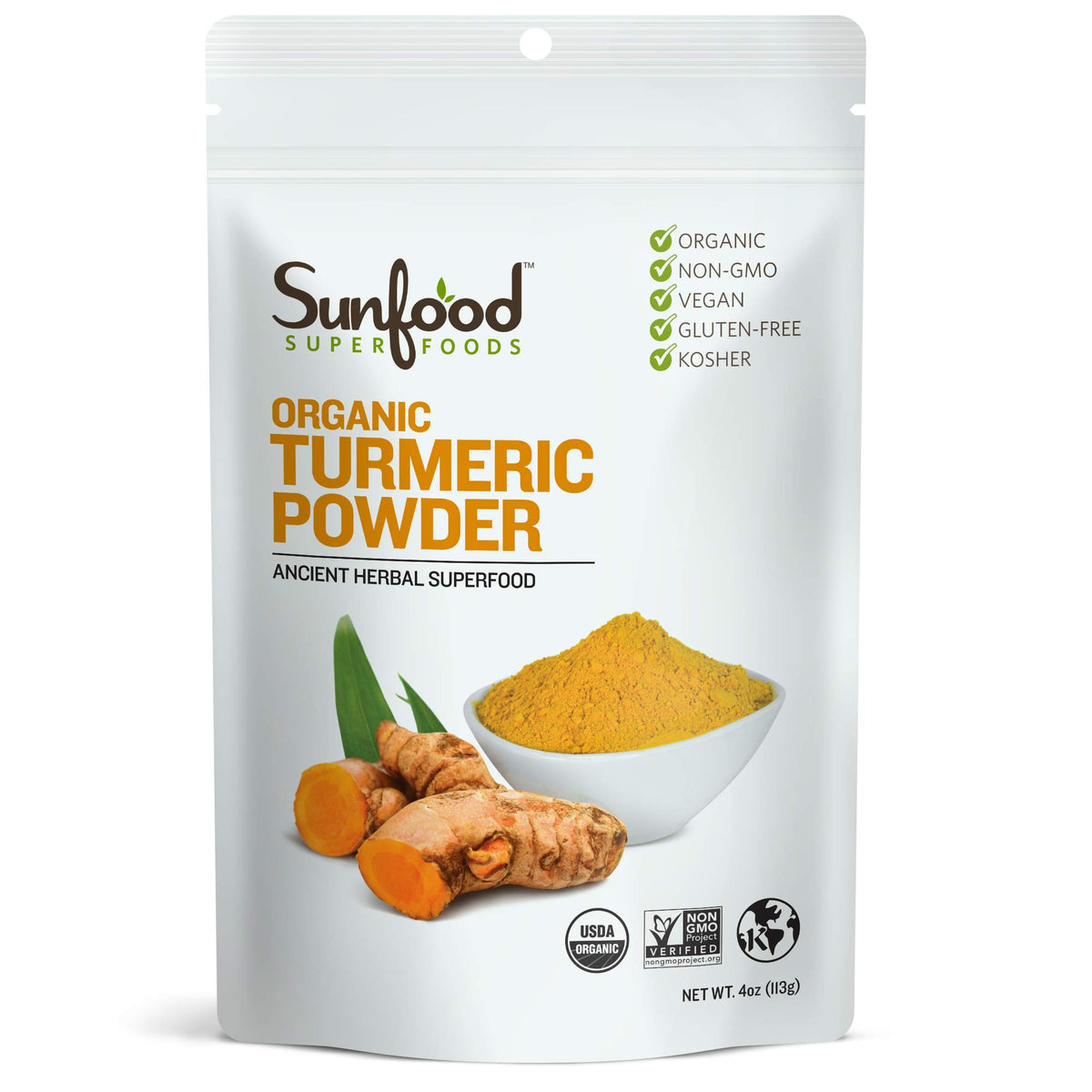 Sunfood Organic Turmeric Powder jar close-up showing vibrant golden powder for curries.