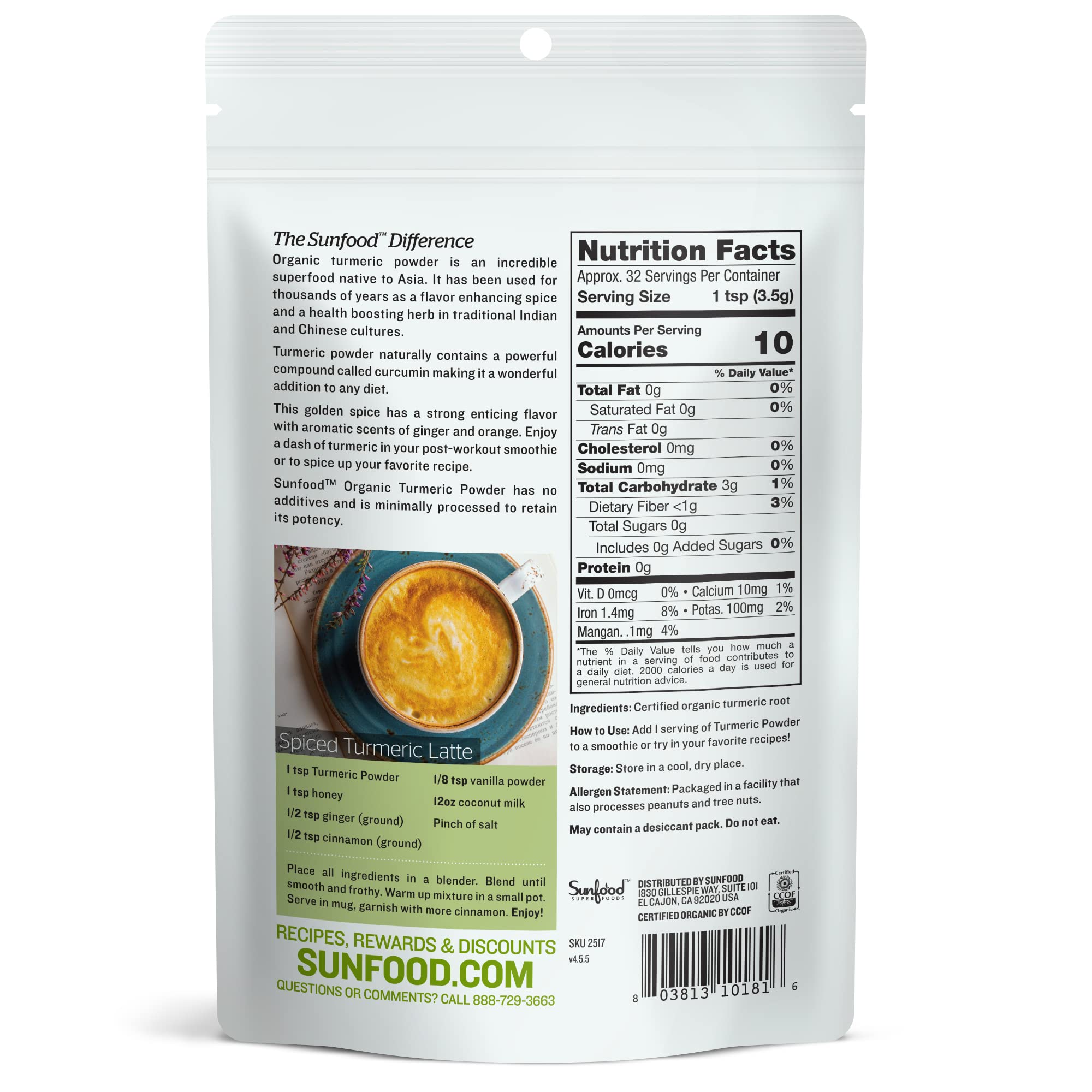 Sunfood Turmeric Powder spoon in a bowl, ready to blend into smoothies.