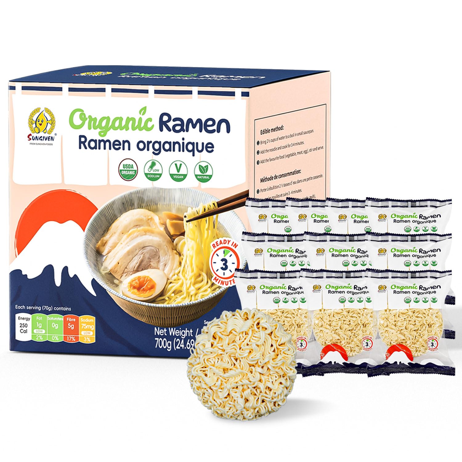 SUNGIVEN Organic Ramen Noodles packaging shows clean ingredients for a vegan meal.