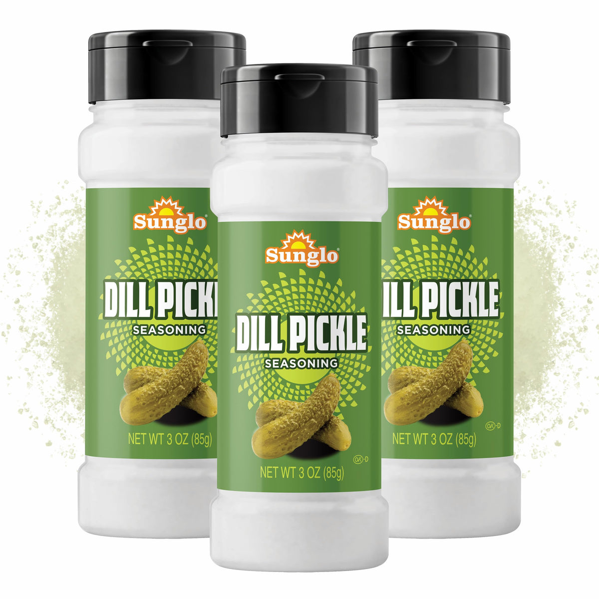 Sunglo dill pickle popcorn seasoning jar showcasing bold tangy flavor for popcorn