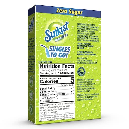 Sunkist Singles To Go Lemon Lime packets for quick flavor when you are at the gym or office.