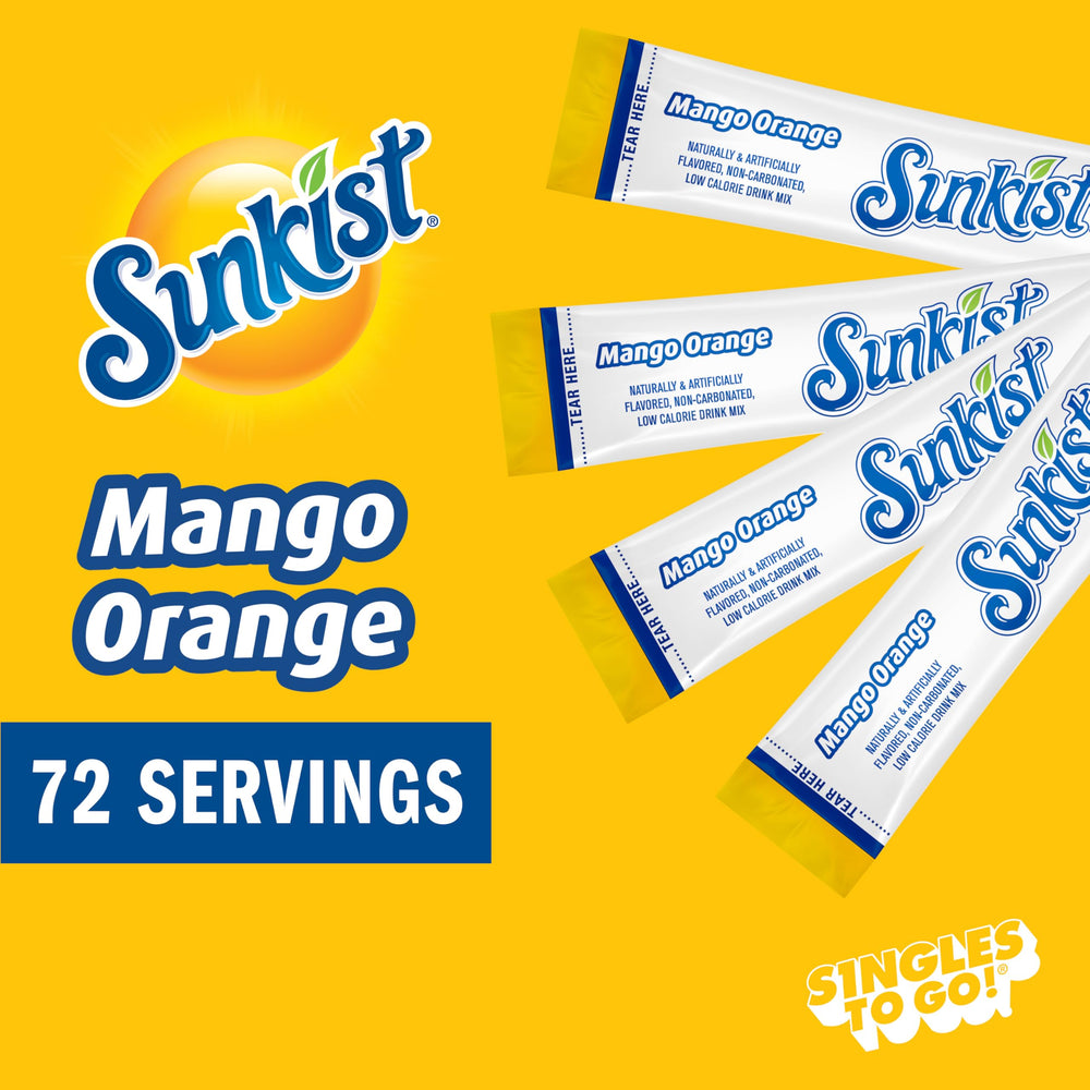 SINGLES TO GO! Sunkist Mango Orange glass showing caffeine-free refreshment
