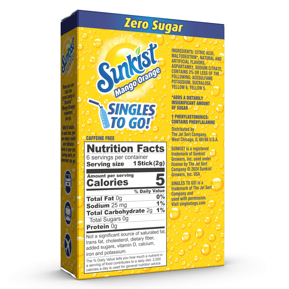 SINGLES TO GO! Sunkist Mango Orange being poured into water for quick flavor