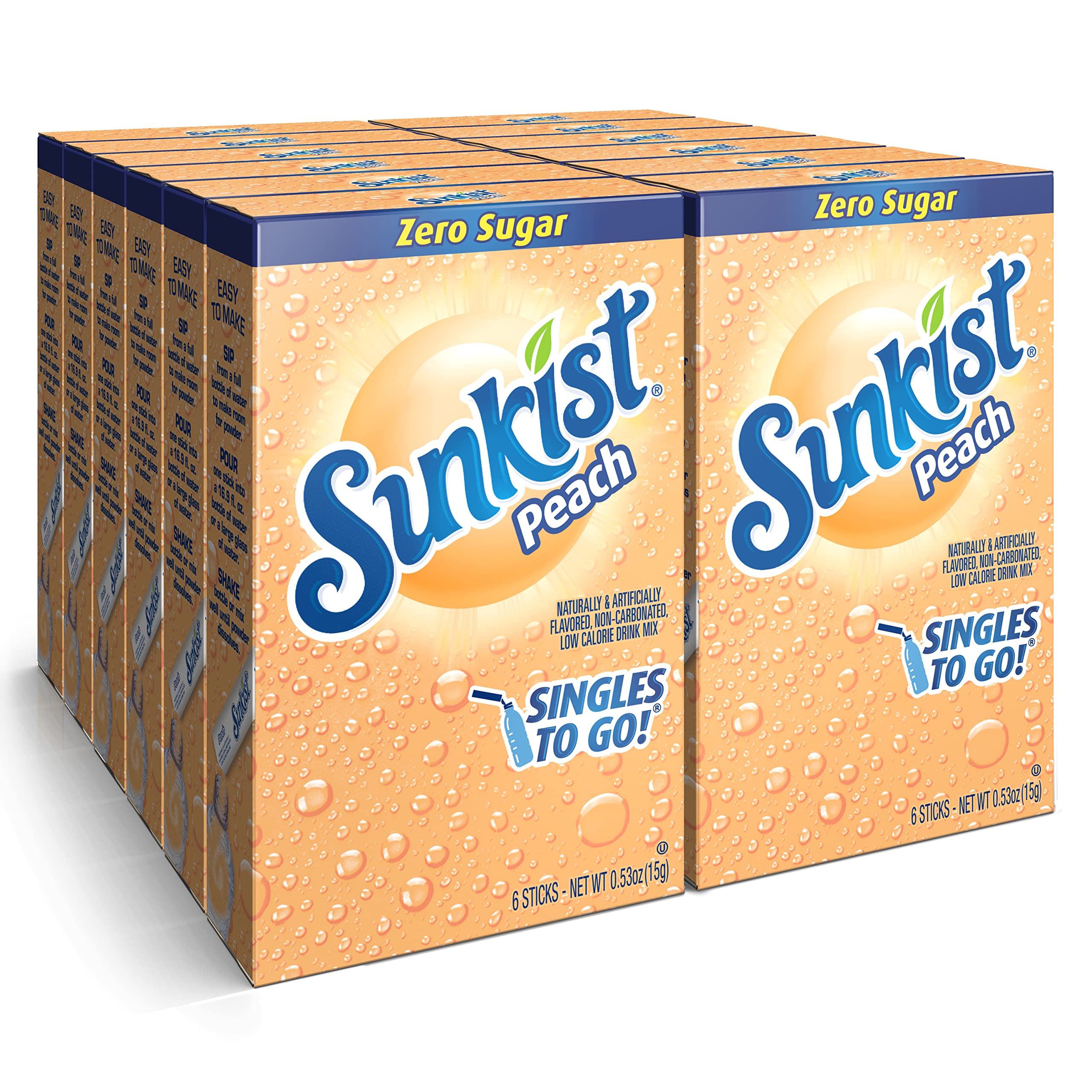 Sunkist Singles To Go peach packet dissolving in water for a refreshing, sugar-free flavor