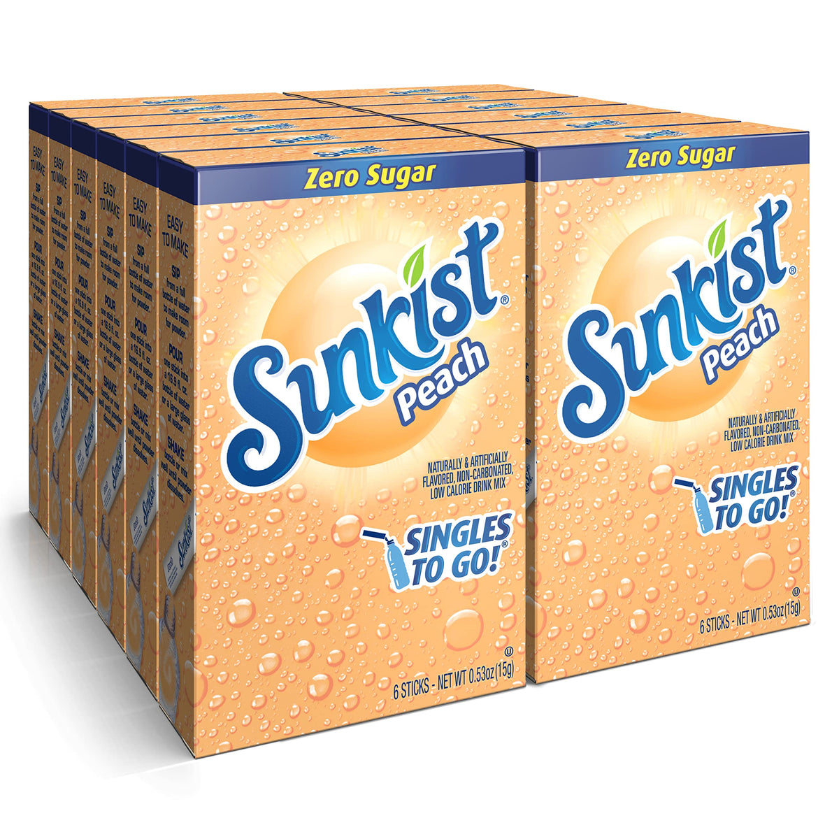 Sunkist Singles To Go peach packet dissolving in water for a refreshing, sugar-free flavor