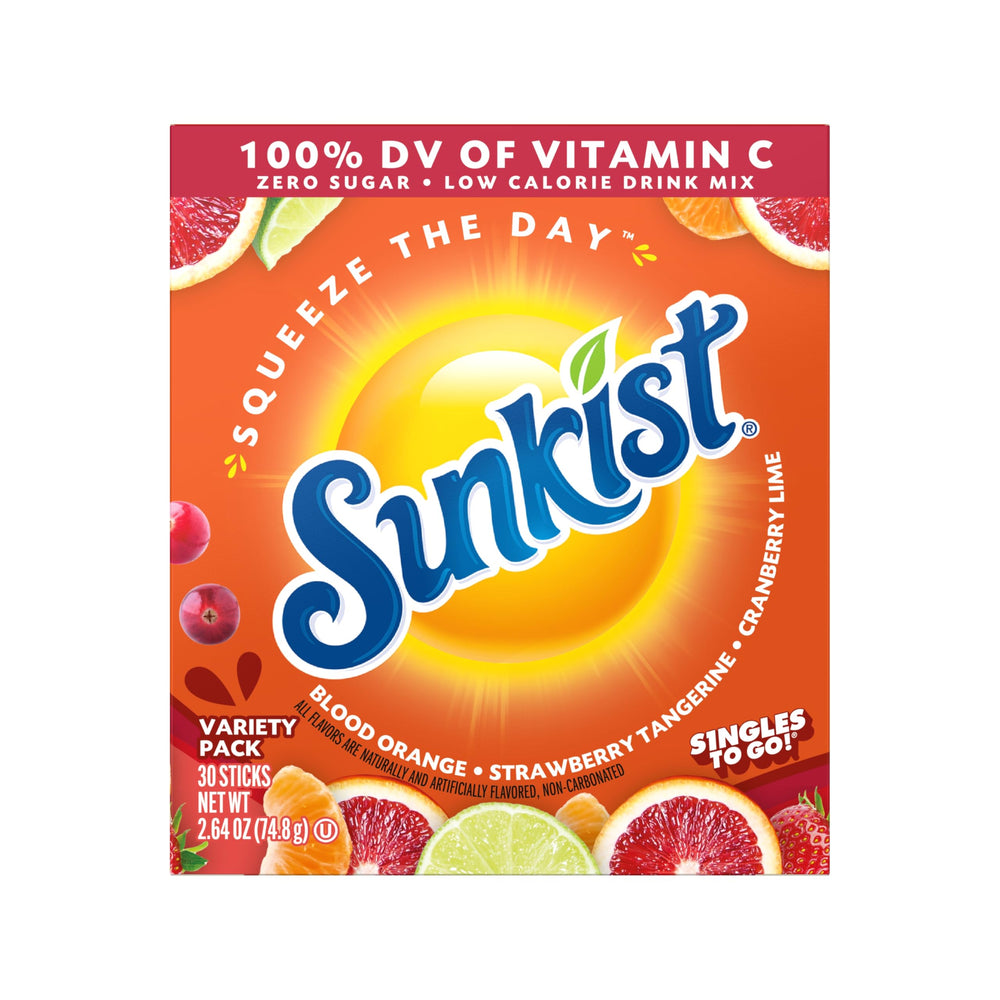 Water bottle ready with Sunkist Singles To Go mix for a refreshing, caffeine-free sip.
