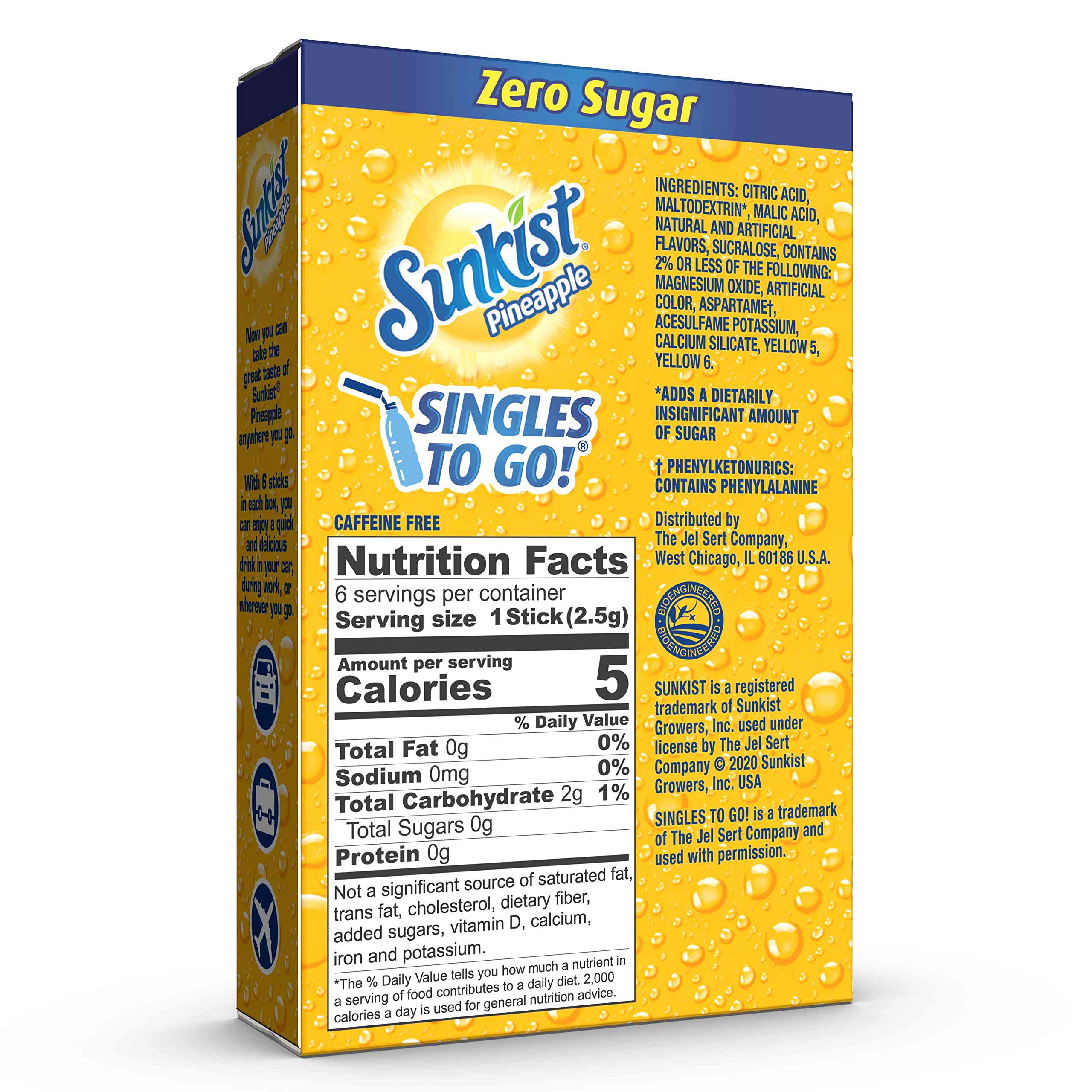 Close-up of Sunkist Pineapple Singles To Go sticks ready to mix with water