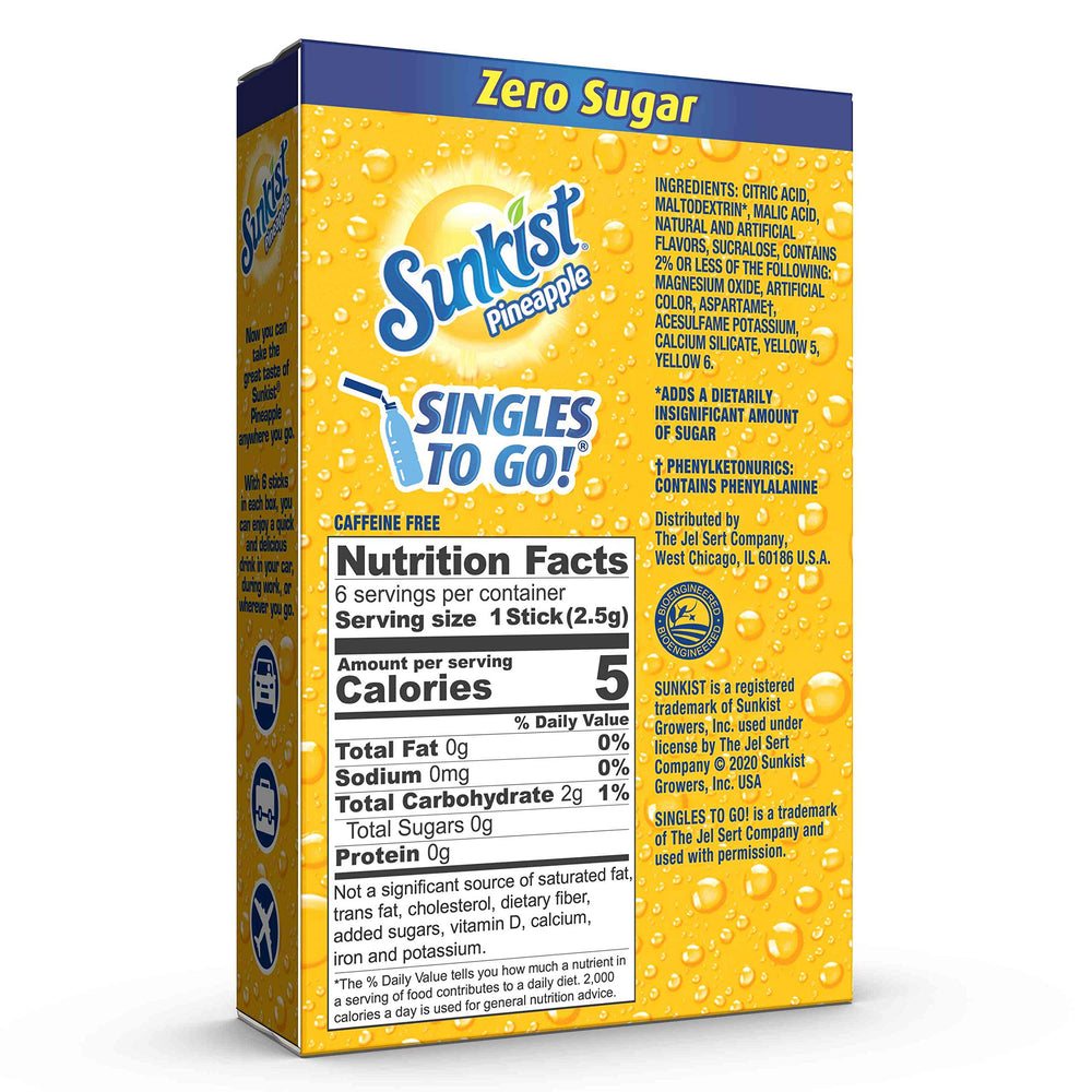 Close-up of Sunkist Pineapple Singles To Go sticks ready to mix with water