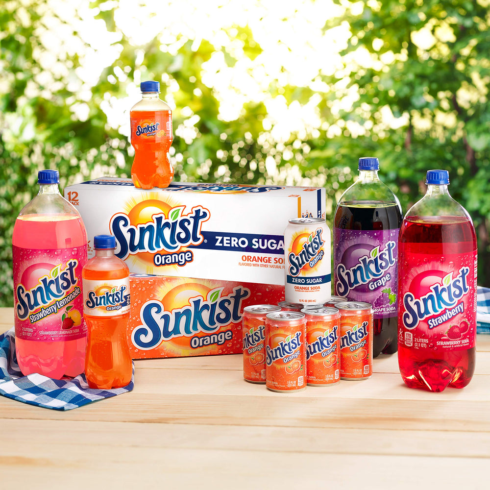 Sunkist Zero Sugar orange soda 12-pack on display