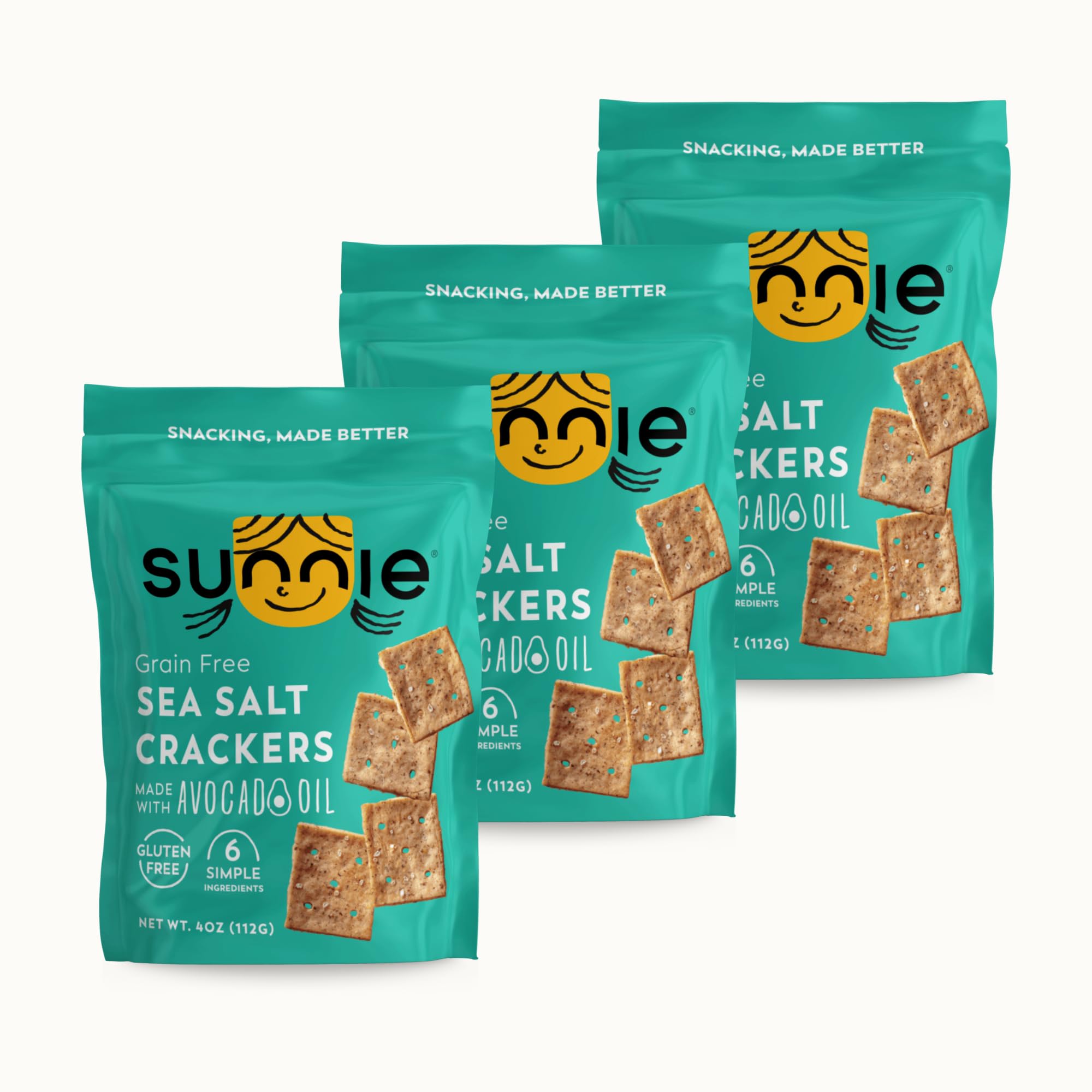 Sunnie gluten free crackers sea salt close-up ready for snacking